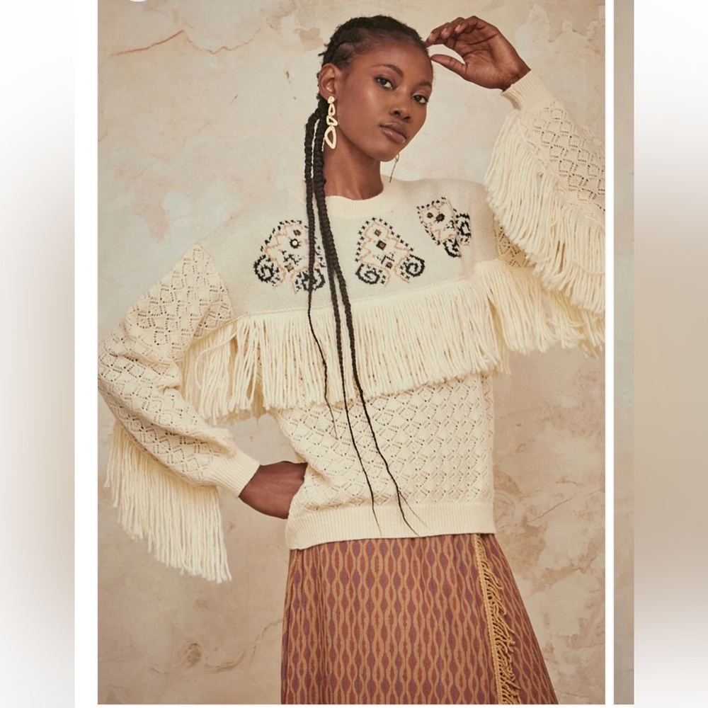 NWT Nekane Mahina Boho Fringe Jacquard Sweater Ivory Black M/L